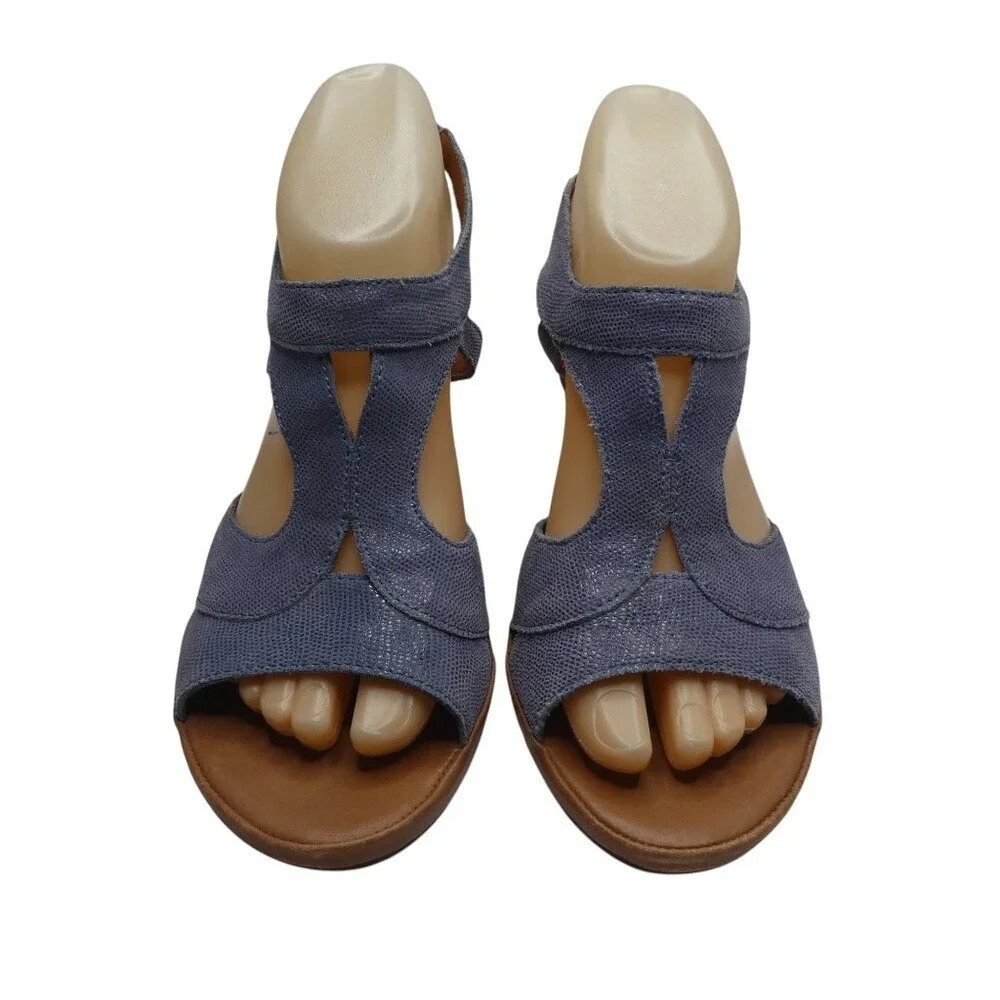 The FLEXX Wedge‎ Sandal Women 8.5 Blue Textured Leather Cork T-Strap Slingback